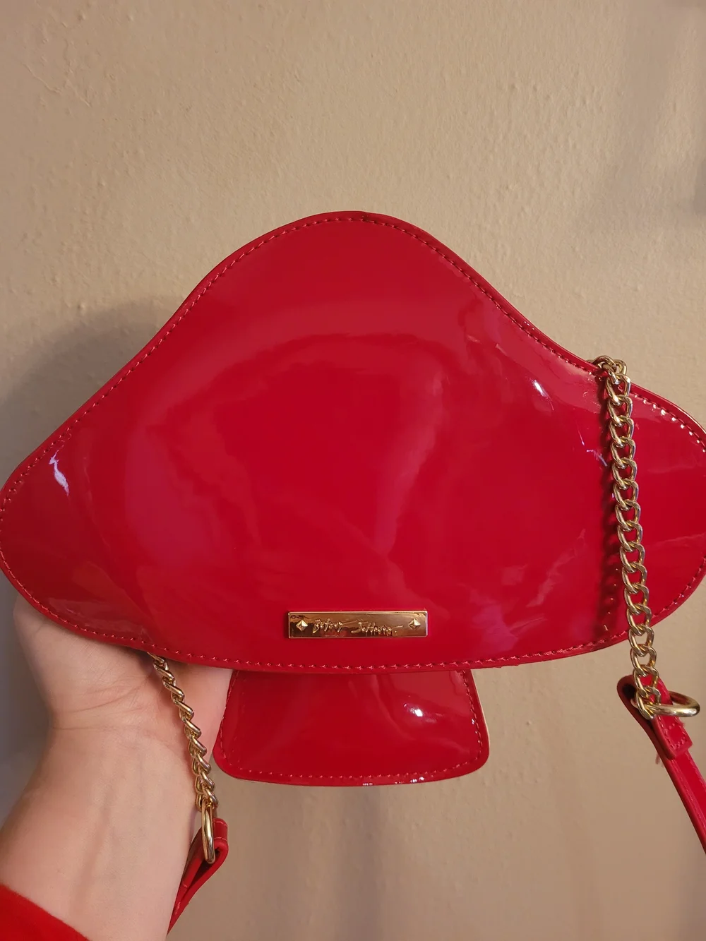 Betsey Johnson Red Mushroom Heart Crossbody Bag Toadstool Sparkly Rhinestone EUC